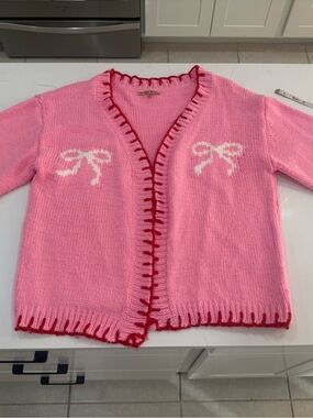 Bailey & Rose Pink Knit Cardigan Red Trim Bow Detail | Preppy